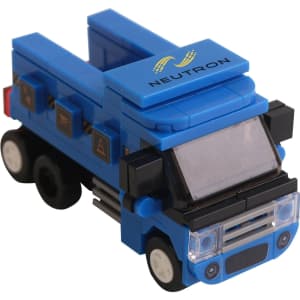 A blue building block truck featuring a transparent windshield and various black details. It has a logo on the side.