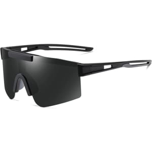 Frameless sports sunglasses in black with a sleek design and wide lenses. Featured with a logo on the side.