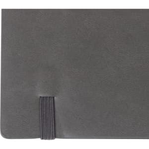 A grey PU cover notebook with a textured finish and an elastic band closure.