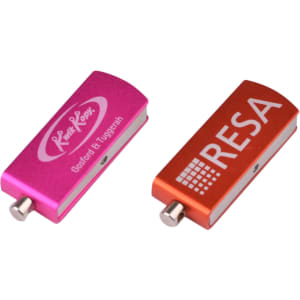 Two flash drives, one pink and one orange, featuring different logos on their metallic surfaces.