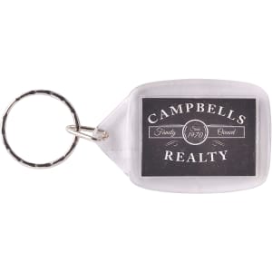 A rectangular acrylic keyring featuring a logo and a silver keychain loop, clear and black in colour.