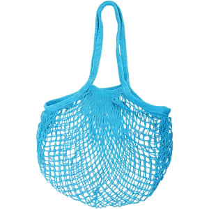 A turquoise mesh grocery bag with two straps, featuring an open netted design for ventilation.