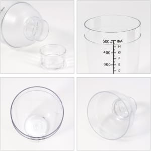 A drink bottle with a clear, transparent design and a removable filter top. It has measurement markings on the side.