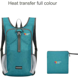 A teal large packable camping backpack with a logo, alongside a matching pouch for storage.