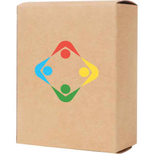 A small square gift box in a natural brown colour, featuring a multi-coloured logo on its front.