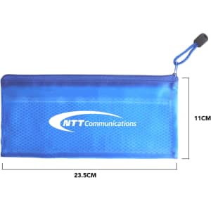 A blue zippered pouch with a mesh design, featuring a logo and measuring 23.5 cm by 11 cm.