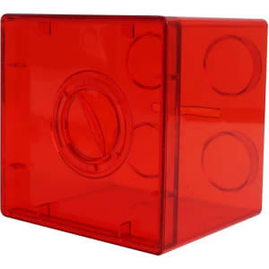 A square block coin bank in bright red, featuring circular coin entry and textured sides. The bank has a logo on it.