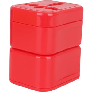 A bright red universal travel adapter kit featuring two stacked compartments and a logo on the top.