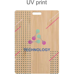 A bamboo name tag featuring a UV print design with multicoloured graphics and a hole for attachment.