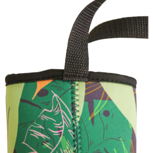 A drink bottle holder in green with a tropical leaf design and a black lanyard for carrying.