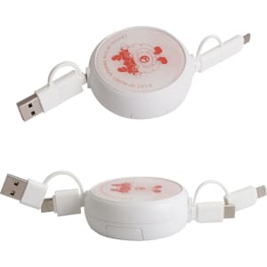 A retractable portable charging cable in white, featuring two connectors and a logo on its surface.