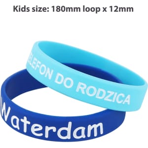 Two silicone wristbands in blue and light blue, featuring debossed text and a logo.