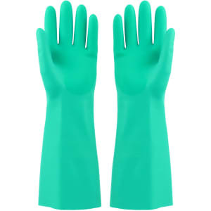 A pair of reusable cleaning nitrile gloves in bright green, featuring long sleeves and a textured grip.