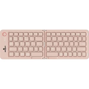 A wireless foldable keyboard in a light pink colour with a compact design and a logo on the side.