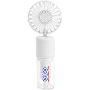 A white neck spray fan features a small fan on top of a clear bottle with a logo.