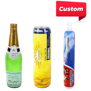 A drink bottle trio featuring a green champagne bottle, a yellow tea can, and a white inflatable bottle, each with branding.