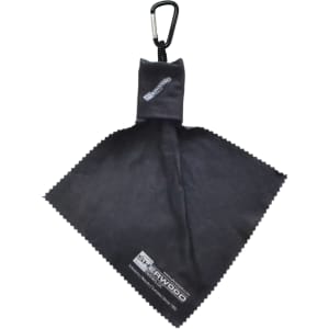 A black microfibre lens cloth with a carabiner attachment, featuring a logo and a textured edge.