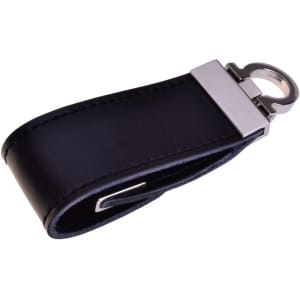 A black leather flash drive with a metal clip attachment. It features a sleek design with a shiny finish.