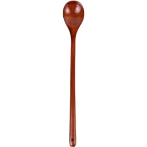 A long handle wooden spoon in a rich brown hue, featuring a smooth, rounded spoon head and a slender, elongated handle.