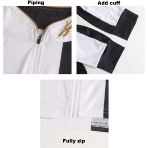 A white and black men's pullover featuring a quarter zip, piping detail, and cuffed sleeves, with a logo present.
