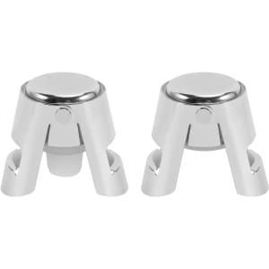 A stainless steel champagne stopper set in silver, featuring a sleek design and a logo on one of the stoppers.