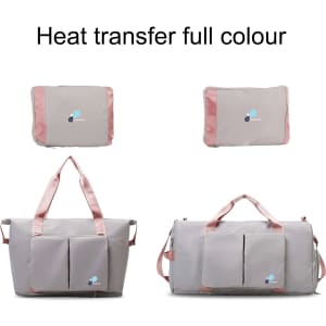 A foldable sports duffle bag in grey with pink accents and a logo, shown in two configurations.