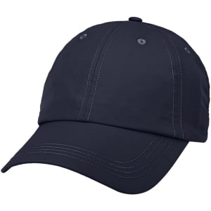 A lightweight cap in navy blue with visible stitching details and an adjustable strap at the back.