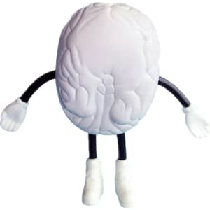 A white brain-shaped stress reliever with black arms and legs, featuring white gloves and shoes.