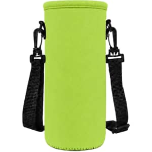 A drink bottle carrier in bright green with adjustable black straps for easy transport. Features a simple design.