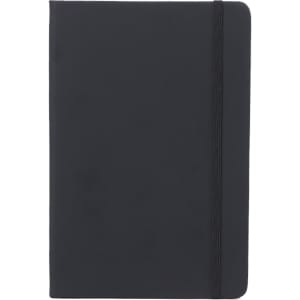 A black PU A6 notebook with a flexible cover and an elastic band closure. It features a logo on the front.