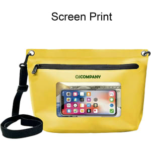 A yellow PVC crossbody phone bag with a transparent front pocket and a black strap, featuring a logo.