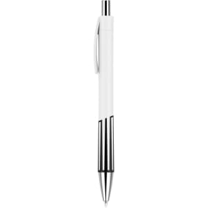 A plastic pen with a creamy white barrel and black accents, featuring a silver tip and clip.