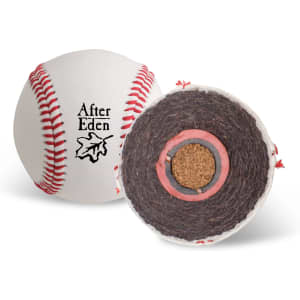 A white training baseball featuring red stitching and a logo, alongside a cutaway view revealing its inner construction.