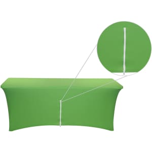 A green stretch table cover with a zipper for a 4ft table, featuring a close-up of the zipper detail.