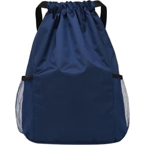 A navy drawstring backpack featuring mesh side pockets and shoulder straps, with a simplistic design.