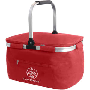 A red picnic cooler basket with a silver handle and a front zip pocket, featuring a logo.