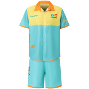 Men's polyester beach shorts in turquoise and orange, featuring a matching short-sleeve shirt and branding elements.