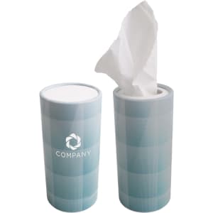 A blue geometric tissue dispenser with tissues partially pulled out, featuring a logo on the side.
