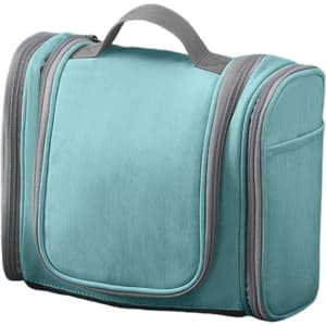 A teal large capacity storage bag with grey accents and dual zippers, featuring a sturdy handle on top.