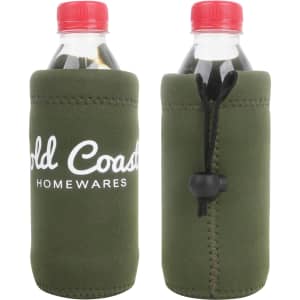 A drink bottle holder in olive green with a logo and a secure toggle for adjustable fit.