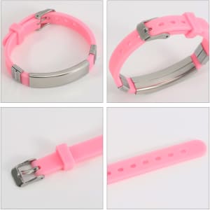 A pink metal bracelet featuring a sleek design with a silver clasp and adjustable strap.