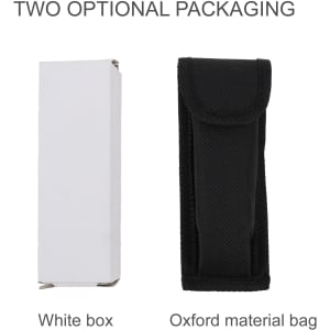 A packaging display featuring a white box and a black Oxford material bag for a camping cutlery tool.