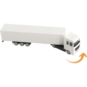 A white and black toy truck with a detachable trailer, featuring a logo on the side.
