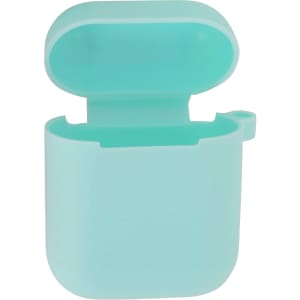 A mint green silicone protection case for AirPods, featuring an open lid and a loop for attachment.