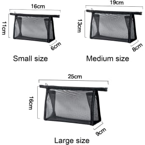 A triangular nylon mesh cosmetic bag in black, available in small, medium, and large sizes. Featuring a zipper top and a logo.