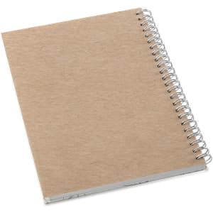 A B5 full colour notebook with a spiral binding and a natural brown cover, featuring a silver wire spine.
