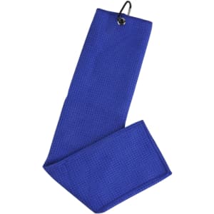 A blue waffle golf towel with a hanging loop and a textured surface. It features a logo.
