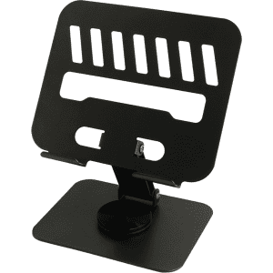 A foldable metal tablet stand in black, featuring adjustable angles and a sturdy base for stability.