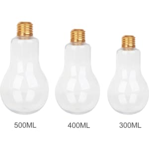 A drink bottle in a bulb shape, transparent, with gold-coloured caps, available in 400ml size.