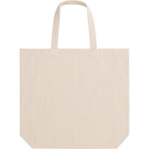 A light beige tote bag with short handles and a gusset, featuring a simple design and an unbranded appearance.